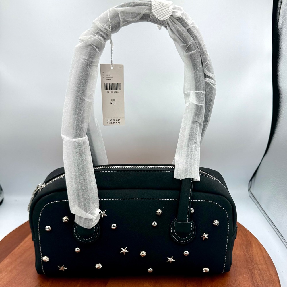 Anthropologie Melie Bianco‎ Kennedy Studded Shoulder Bag Black Vegan Suede